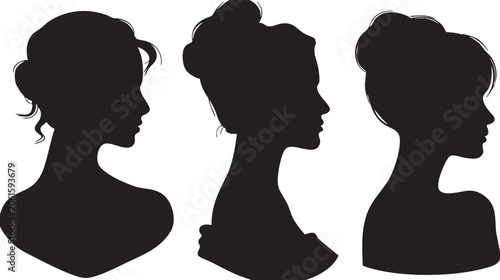 Billede på lærred This graphic features three distinct female silhouettes portrayed in side profile, each adorned with a unique and elegantly coiffed updo hairstyle