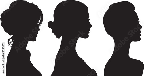 Φωτογραφία This elegant graphic features three distinct female silhouettes in side profile, showcasing a diverse range of hairstyles, including a chic short bob and various updos