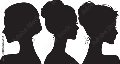 Foto A graceful trio of female silhouettes is shown in side profile, each featuring a distinct and elegantly styled updo, bun, or flowing hairstyle