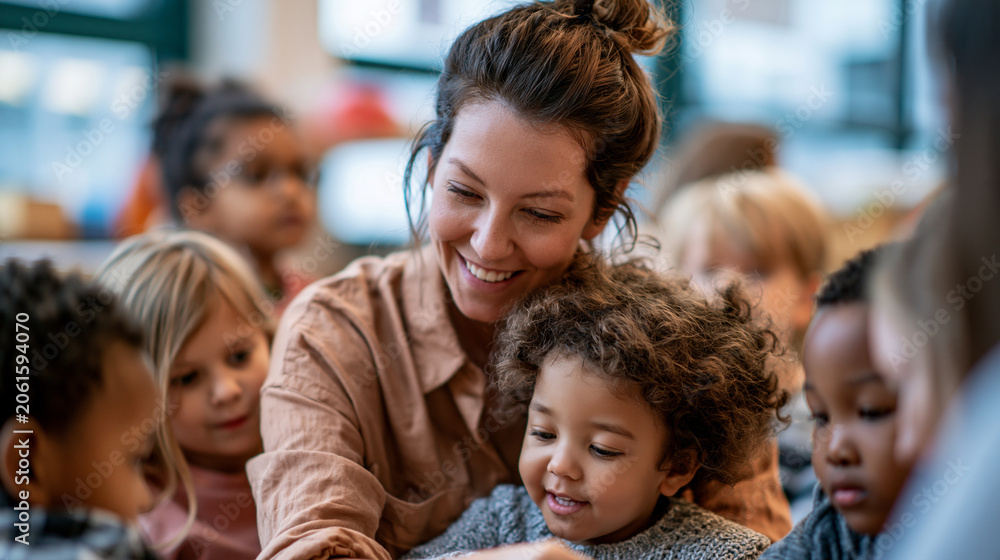 Obraz premium A wide shot of a group of children gathered softly around a calm teacher exploring a bright lesson in a preschool room preschool learning open faces bright classroom daylight
