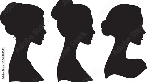 Foto This image presents three gracefully depicted female head silhouettes in profile, each exhibiting a unique and stylish hair arrangement against a stark white backdrop