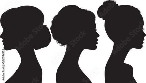 Foto This graphic provides a clean representation of three female head silhouettes in profile, each featuring a different and elegantly crafted hairstyle, suitable for various design applications