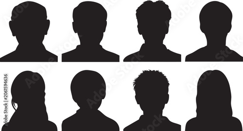 This graphic illustration showcases eight distinct human head silhouettes, representing a diverse group of people with various hairstyles and head shapes.
