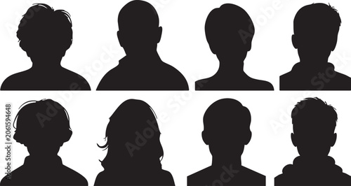 This image features eight distinct human head silhouettes, offering a diverse array of hairstyles and head shapes, suitable for representing a varied group of individuals.