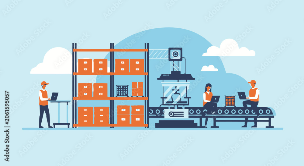 Fototapeta premium Flat vector illustration of workers in a modern warehouse and automated production line.
