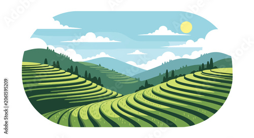 Tableau sur toile Flat style vector of Vietnamese or Indonesian rice field landscapes with layered