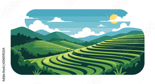 Fotografie Flat style vector of Vietnamese or Indonesian rice field landscapes with layered