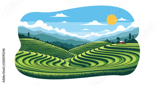 Fotografie Flat style vector of Vietnamese or Indonesian rice field landscapes with layered