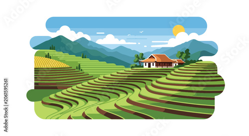 Obraz na plátně Flat style vector of Vietnamese or Indonesian rice field landscapes with layered