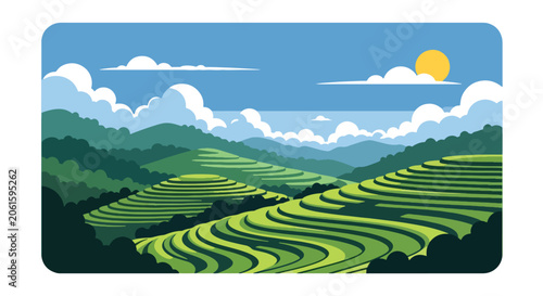 Photos Flat style vector of Vietnamese or Indonesian rice field landscapes with layered