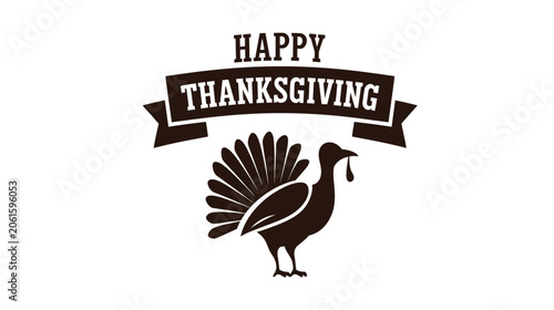 Turkey profile stands elegantly beside a vintage decorative ribbon banner that contains the bold greeting text for the annual Thanksgiving holiday celebration observed across North America yearly.
