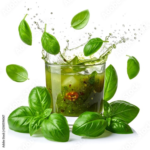 A refreshing drink with basil leaves splashing in and around a clear glass