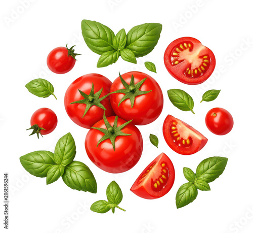 PNG Fresh tomatoes with basil leaves
