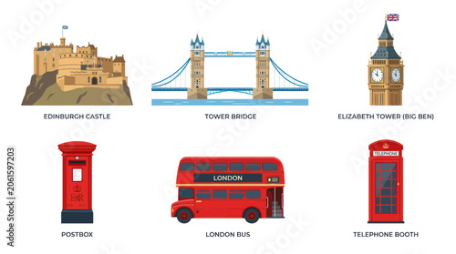 Cuadro en lienzo Iconic British Landmarks: London Bus, Big Ben, Tower Bridge, Postbox, Edinburgh