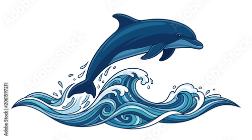 Tableau sur toile Jumping Dolphin Over Ocean Waves - Blue Marine Mammal Illustration