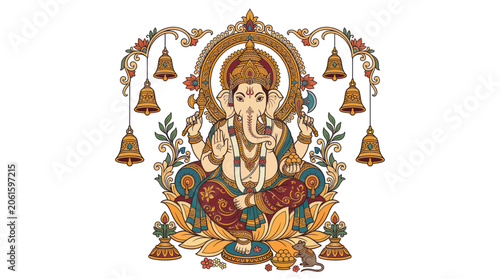 Tableau sur toile Lord Ganesha Deity Sitting on Lotus Flower, Hindu God, Bells, Rat