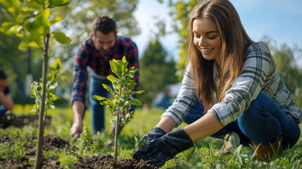 Volunteers planting trees in a park on Earth Day