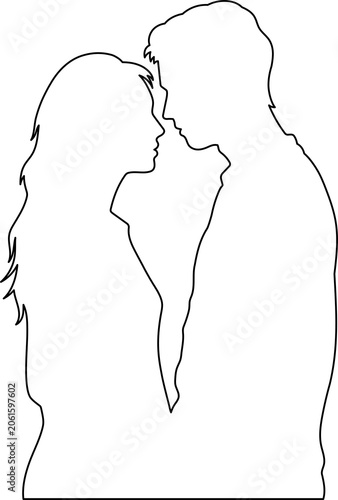 Minimalist stroke outline vector illustration of a romantic couple facing each other in an intimate pose on a transparent background, ideal for love and relationship themes.