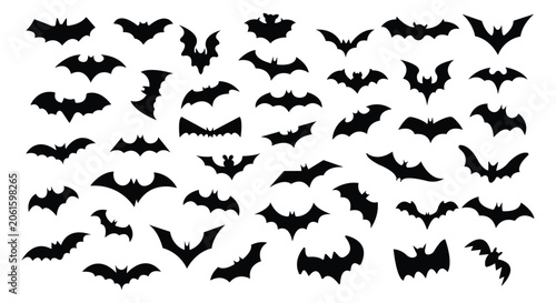 Quadro su tela Halloween bat silhouettes collection, black flying bats set on white background,