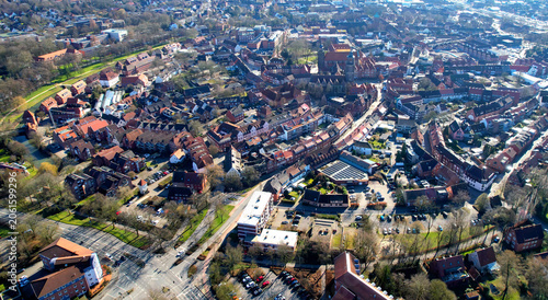 Aerial view around the old town of the city Coesfeld in Germany on a sunny late winter day