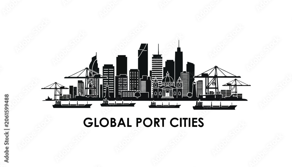 Fototapeta premium Global port cities skyline cargo ship graphic with shipping, logistics
