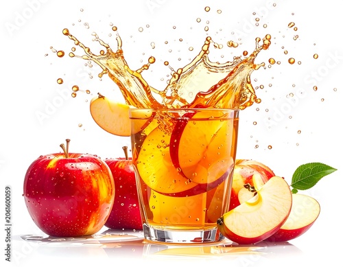 A refreshing glass of apple juice splashing with sliced apples and whole apples around it