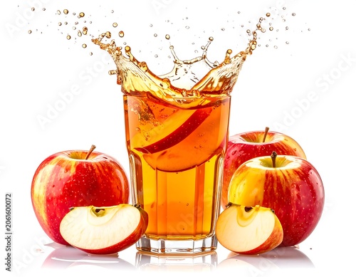 A refreshing glass of apple juice with a splash and sliced apples