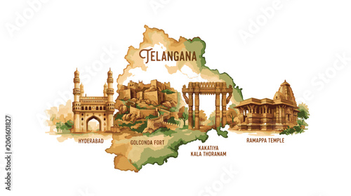 Konstfotografi Illustrated Map of Telangana, India, Featuring Famous Landmarks like Charminar,
