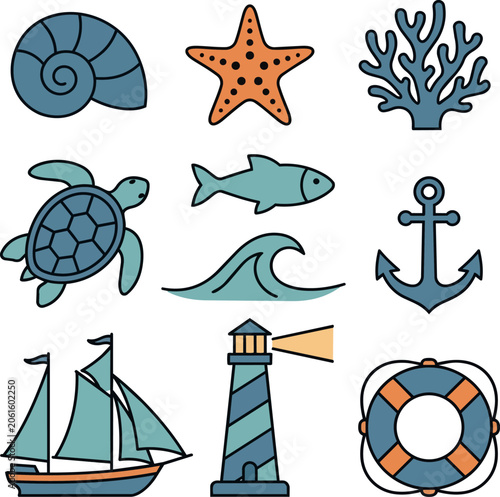 Flat marine life icons set featuring seashell turtle starfish and lighthouse