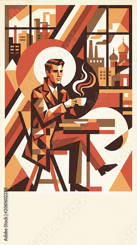 Man drinking hot coffee at table in soviet constructivist style poster. Geometric cityscape background with industrial architecture.