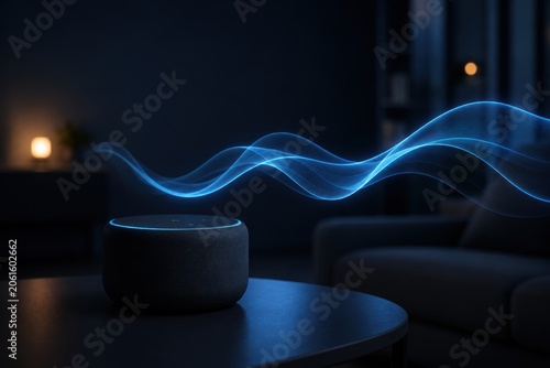 Modern Smart Speaker with Sound Waves in a Cozy Living Room