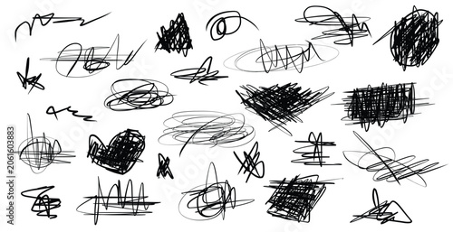 Collection of messy hand drawn pen scribbles and ink marks

