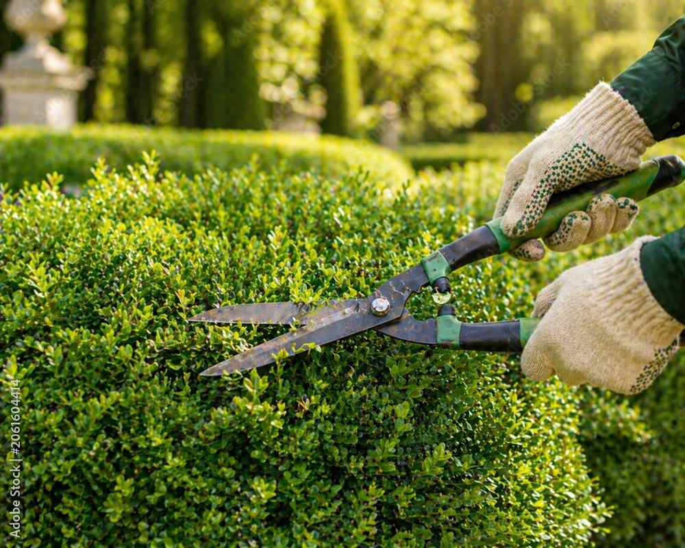 Obraz premium Close-up of gardener hands in protective gloves trimming a green boxwood bush with professional hedge shears in a sunny park, capturing landscape maintenance, horizontal orientation.
