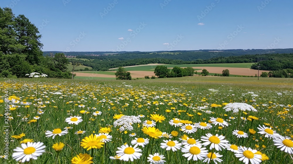 Fototapeta premium Vibrant wildflower meadow with daisies and yellow flowers under a clear blue sky, rolling hills in background