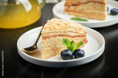 Medovik. Honey cake made from honey cakes with whipped sour cream, decorated with berries, pomegranate and flowers
