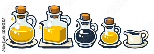 Salad condiment set showcasing cruet bottles filled with olive oil, balsamic vinegar, and a gravy boat on a white background