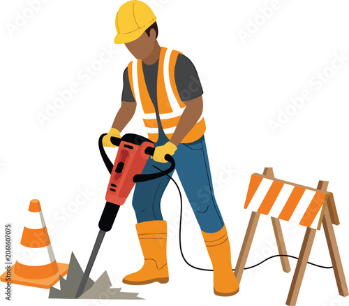 Принти на полотні Construction worker using a jackhammer vector illustration