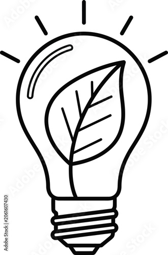 Lightbulb containing a single leaf symbolizes innovative ideas for green energy production and environmental awareness in modern society.