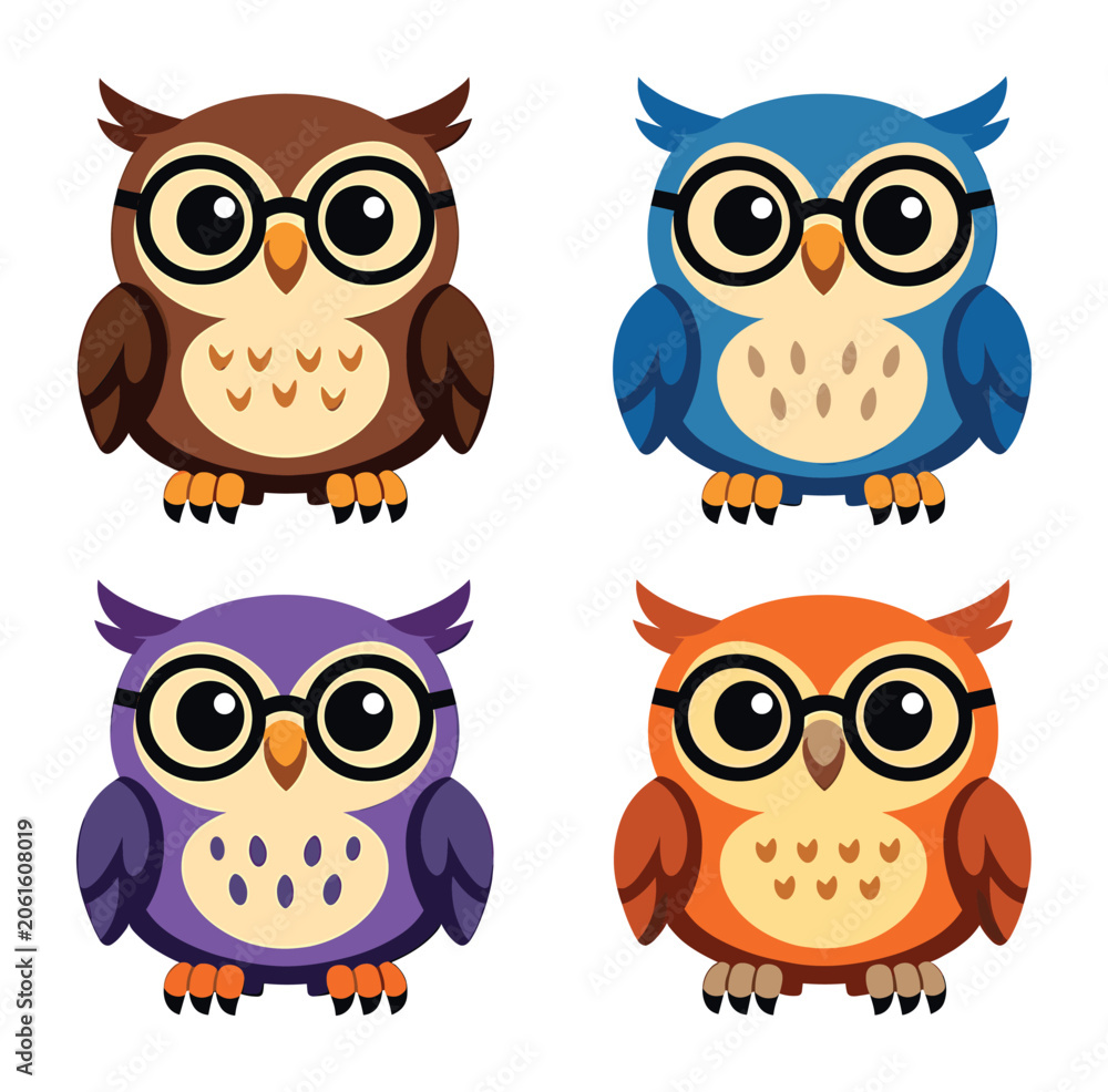 Fototapeta premium Cute cartoon owls in glasses, a colorful character set representing wisdom, education, and intelligence for school concepts