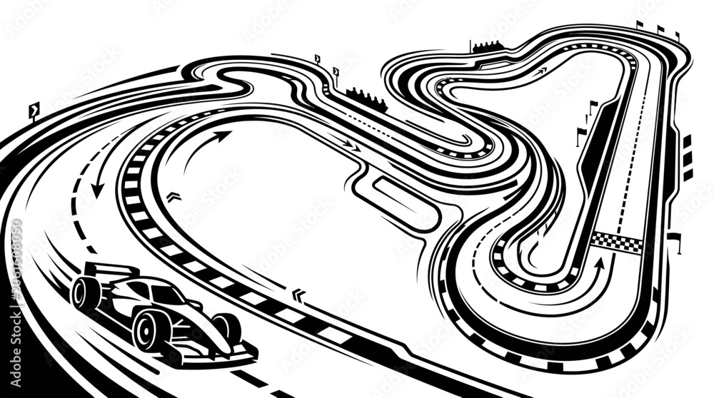 Naklejka premium Formula 1 Race Track with Racing Car, Black and White Line Art