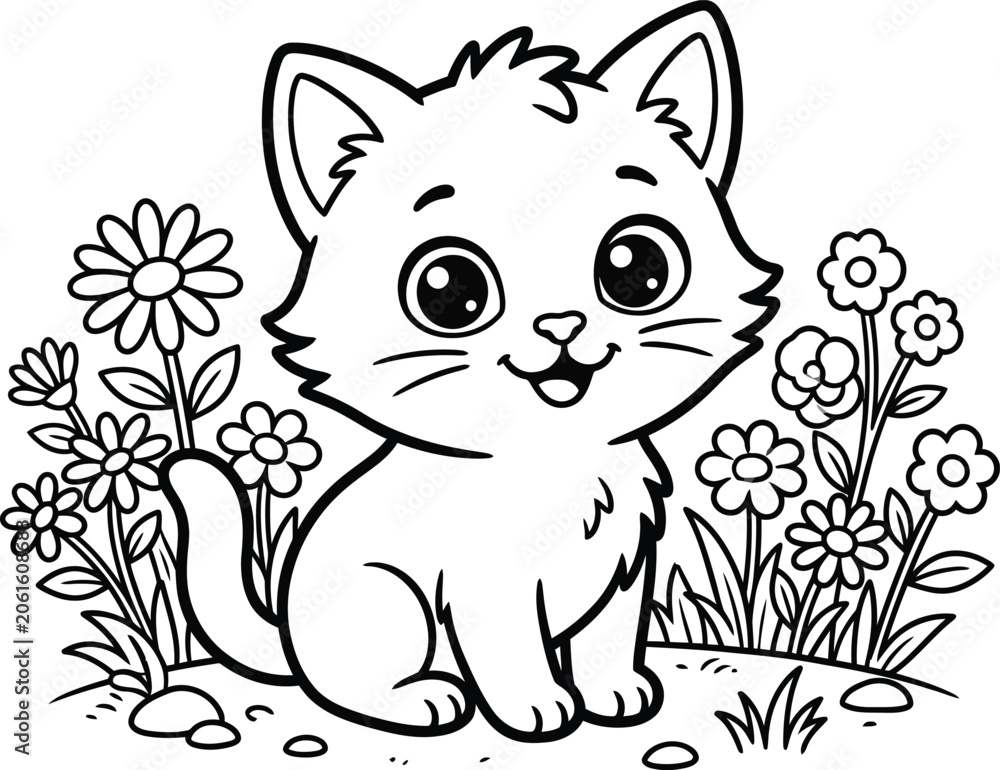 Fototapeta premium Cute cartoon kitten in a garden with flowers