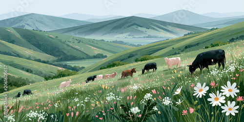Cows grazing on a lush green hillside with wildflowers, rolling hills and mountains in the background under a clear sky in a serene rural landscape