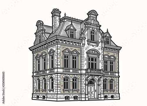 Fotografie Hand drawn vintage Victorian mansion with ornate architecture and decorative fac