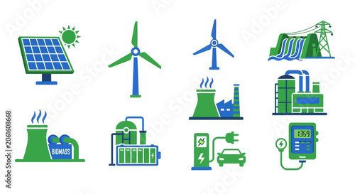 Renewable Energy and Power Generation Icon Set