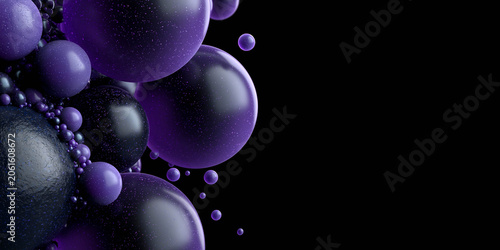 Abstract composition of glossy black and purple spheres of varying sizes against a dark background, creating a visually striking and modern design element