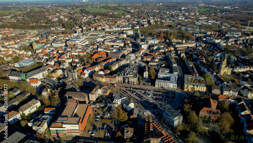 Aerial view beside the old town above the city Recklinghausen in Germany, on a sunny afternoon in autumn.