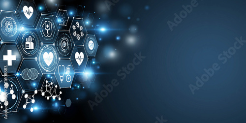 Digital health technology illustration featuring hexagonal icons representing medical symbols, healthcare concepts, and scientific elements on a dark blue background