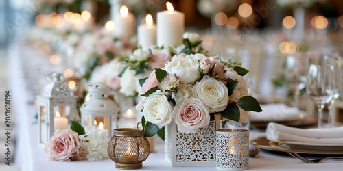 Elegant wedding table setting featuring floral arrangements, candles, and decorative lanterns, with a soft-focus background of additional floral displays and ambient lighting