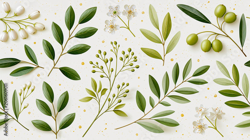 Botanical illustration featuring various green leaves, branches, and flowers arranged on a light background with subtle yellow accents and a natural aesthetic