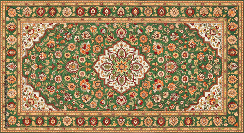 Green persian rug floral medallion pattern
